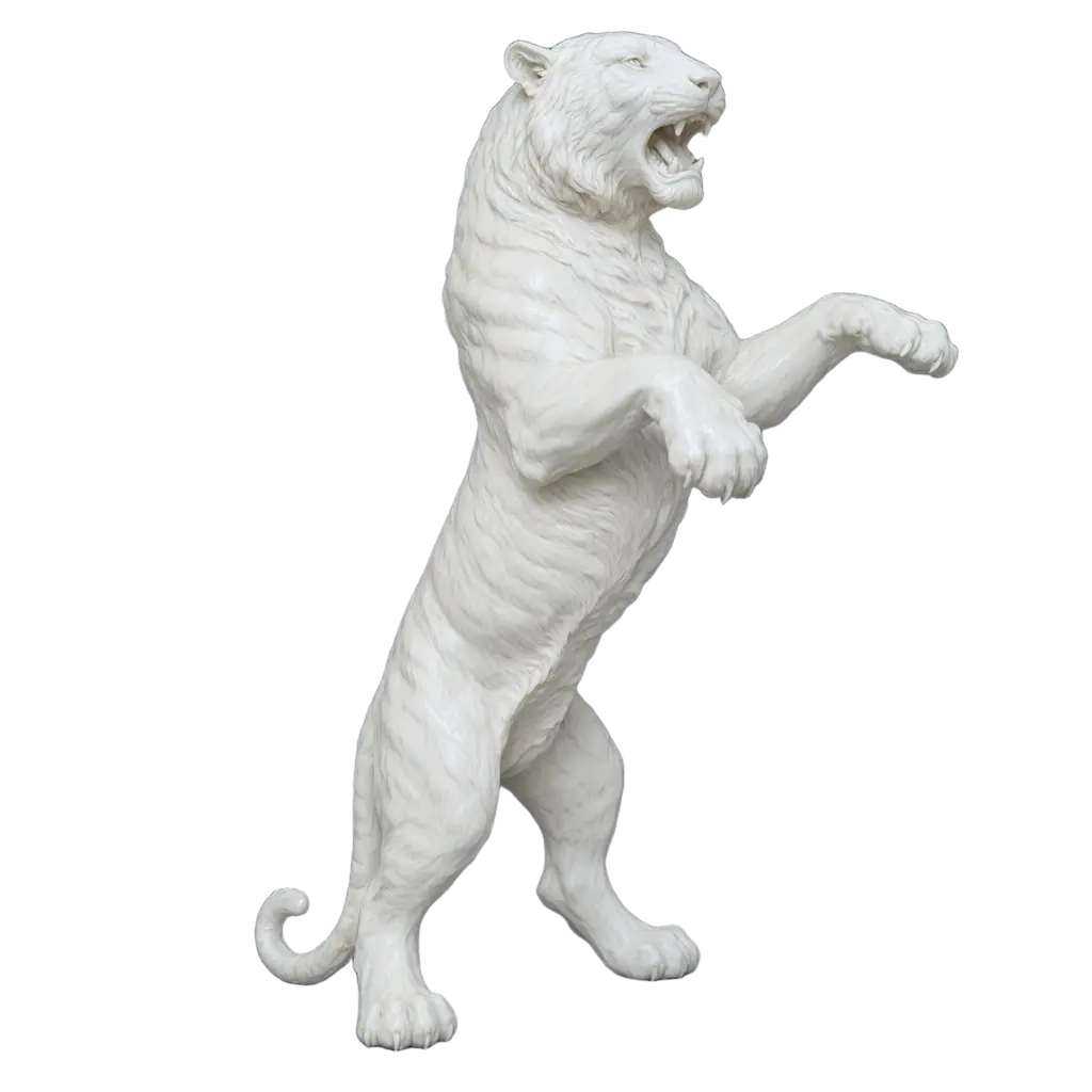 A white porcelain tiger rearing on its hind legs; moving the pointer over it reveals ember-orange stripes, flame motifs and gold kintsugi seams.